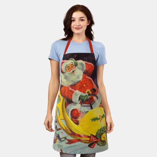 ヴィンテージクリスマス、宇宙船のサンタクロース エプロン (着用した状態)