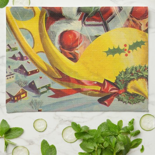 ヴィンテージクリスマス、宇宙船のサンタクロース キッチンタオル (折り畳み)