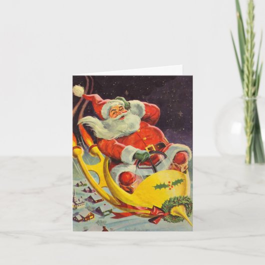 ヴィンテージクリスマス、宇宙船のサンタクロース サンキューカード (正面)