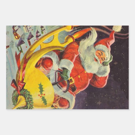 ヴィンテージクリスマス、宇宙船のサンタクロース ラッピングペーパーシート (正面3)