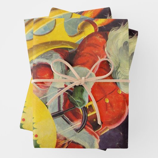 ヴィンテージクリスマス、宇宙船のサンタクロース ラッピングペーパーシート (インサイチュ)