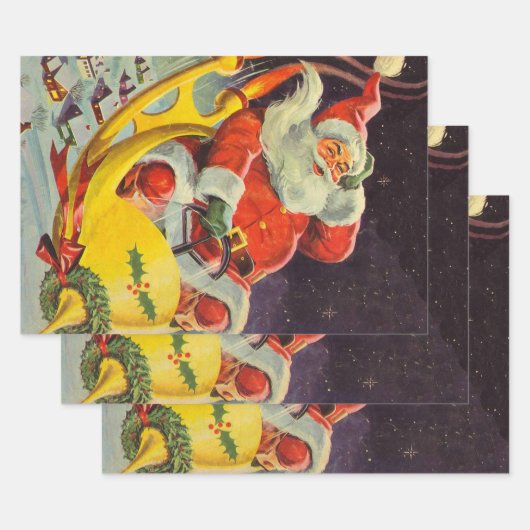 ヴィンテージクリスマス、宇宙船のサンタクロース ラッピングペーパーシート (セット)