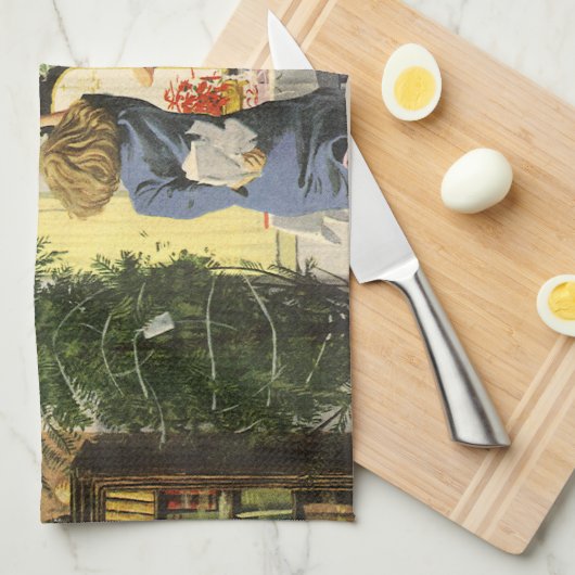 ヴィンテージクリスマス、家族と家の飾り付け キッチンタオル (四つ折り)