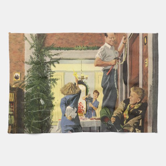 ヴィンテージクリスマス、家族と家の飾り付け キッチンタオル (横)