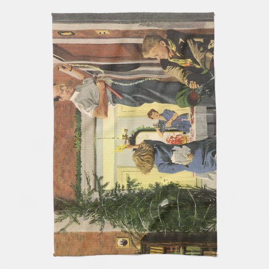 ヴィンテージクリスマス、家族と家の飾り付け キッチンタオル (縦)