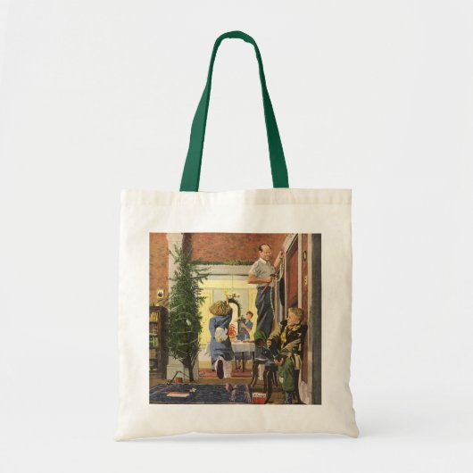 ヴィンテージクリスマス、家族と家の飾り付け トートバッグ (正面)