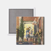 ヴィンテージクリスマス、家族と家の飾り付け マグネット (正面/裏面)