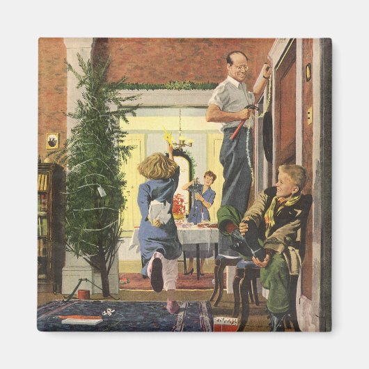 ヴィンテージクリスマス、家族と家の飾り付け マグネット (正面)