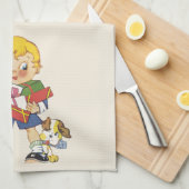 ヴィンテージクリスマス、少年とプレゼントと子犬 キッチンタオル (四つ折り)