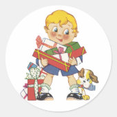 ヴィンテージクリスマス、少年とプレゼントと子犬 ラウンドシール (正面)