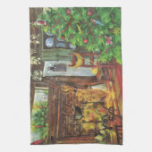 ヴィンテージクリスマス、居心地の良いログキャビンと暖炉 キッチンタオル (縦)