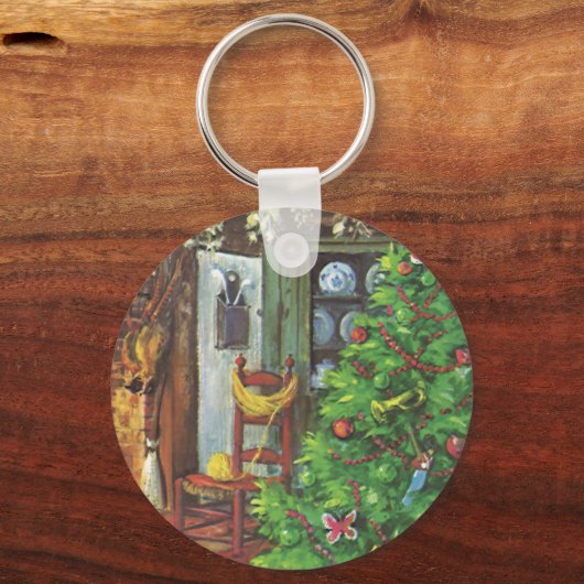 ヴィンテージクリスマス、居心地の良いログキャビンと暖炉 キーホルダー (裏面)