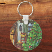 ヴィンテージクリスマス、居心地の良いログキャビンと暖炉 キーホルダー (正面)