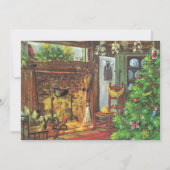 ヴィンテージクリスマス、居心地の良いログキャビンと暖炉 シーズンカード (正面)