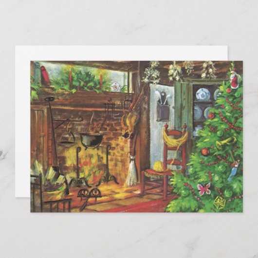 ヴィンテージクリスマス、居心地の良いログキャビンと暖炉 シーズンカード (正面/裏面)