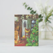 ヴィンテージクリスマス、居心地の良いログキャビンと暖炉 シーズンポストカード (スタンド正面)