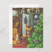 ヴィンテージクリスマス、居心地の良いログキャビンと暖炉 シーズンポストカード (正面/裏面)