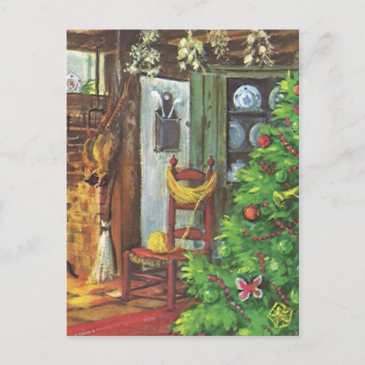 ヴィンテージクリスマス、居心地の良いログキャビンと暖炉 シーズンポストカード (正面)