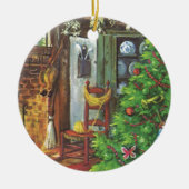 ヴィンテージクリスマス、居心地の良いログキャビンと暖炉 セラミックオーナメント (正面)