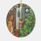 ヴィンテージクリスマス、居心地の良いログキャビンと暖炉 セラミックオーナメント (左)