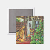 ヴィンテージクリスマス、居心地の良いログキャビンと暖炉 マグネット (正面/裏面)