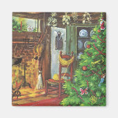 ヴィンテージクリスマス、居心地の良いログキャビンと暖炉 マグネット (正面)