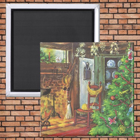 ヴィンテージクリスマス、居心地の良いログキャビンと暖炉 マグネット