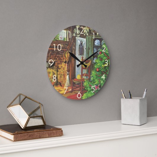 ヴィンテージクリスマス、居心地の良いログキャビンと暖炉 ラージ壁時計 (オフィス)