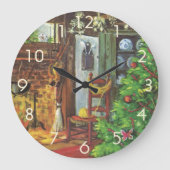 ヴィンテージクリスマス、居心地の良いログキャビンと暖炉 ラージ壁時計 (正面)