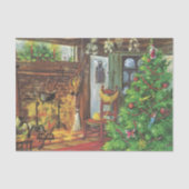 ヴィンテージクリスマス、居心地の良いログキャビンと暖炉 薄葉紙 (正面)