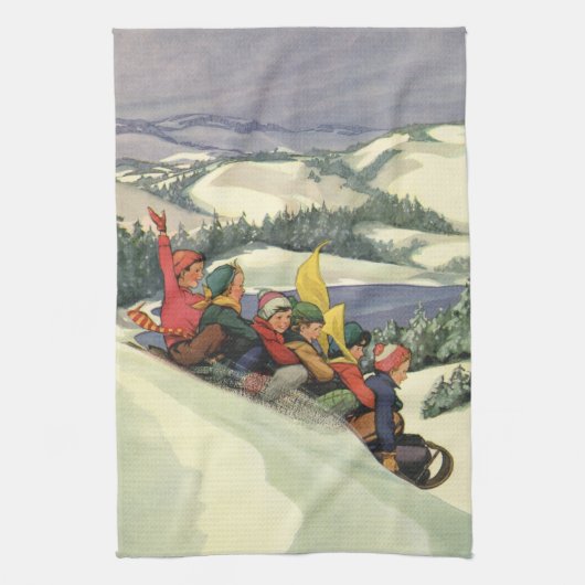 ヴィンテージクリスマス、山で子どもそり キッチンタオル (縦)