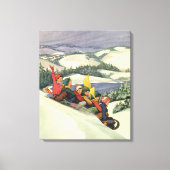 ヴィンテージクリスマス、山で子どもそり キャンバスプリント (正面)