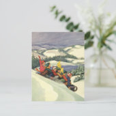 ヴィンテージクリスマス、山で子どもそり シーズンポストカード (スタンド正面)