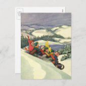 ヴィンテージクリスマス、山で子どもそり シーズンポストカード (正面/裏面)