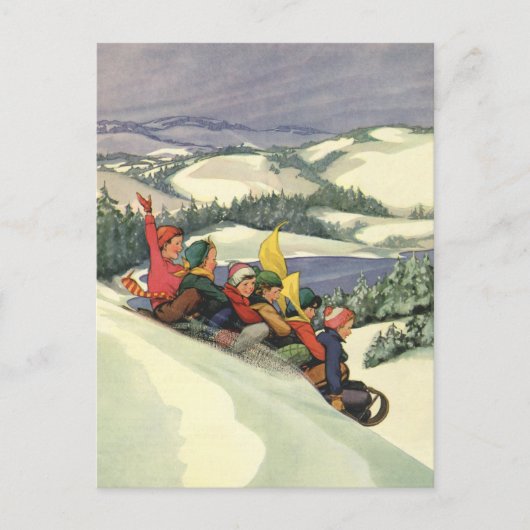 ヴィンテージクリスマス、山で子どもそり シーズンポストカード (正面)