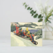 ヴィンテージクリスマス、山で子どもそり シーズンポストカード (スタンド正面)
