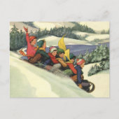 ヴィンテージクリスマス、山で子どもそり シーズンポストカード (正面)