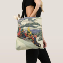 ヴィンテージクリスマス、山で子どもそり