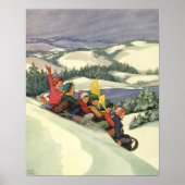 ヴィンテージクリスマス、山で子どもそり ポスター (正面)