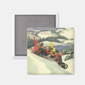 ヴィンテージクリスマス、山で子どもそり マグネット (正面/裏面)