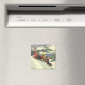 ヴィンテージクリスマス、山で子どもそり マグネット (インサイチュ (食洗機))