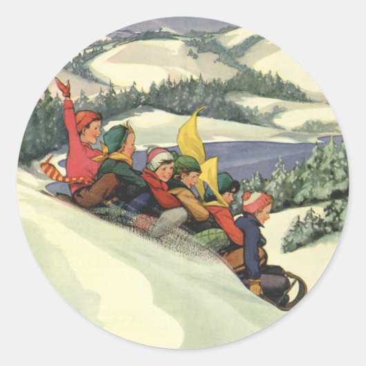 ヴィンテージクリスマス、山で子どもそり ラウンドシール (正面)