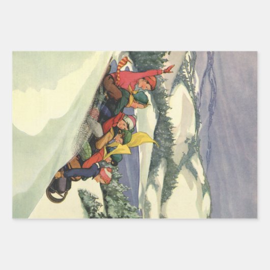 ヴィンテージクリスマス、山で子どもそり ラッピングペーパーシート (正面3)