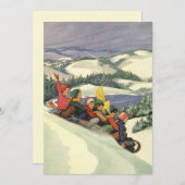 ヴィンテージクリスマス、山で子どもそり 招待状 (正面/裏面)