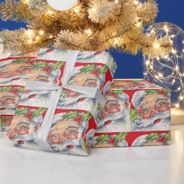 ヴィンテージクリスマス、帽子をかぶった陽気なサンタクロース ラッピングペーパー