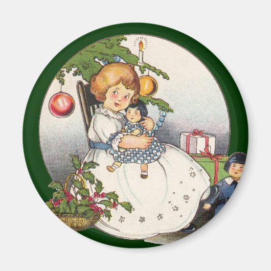 ヴィンテージクリスマス、幸せな女の子が人形で遊ぶ マグネット (正面)
