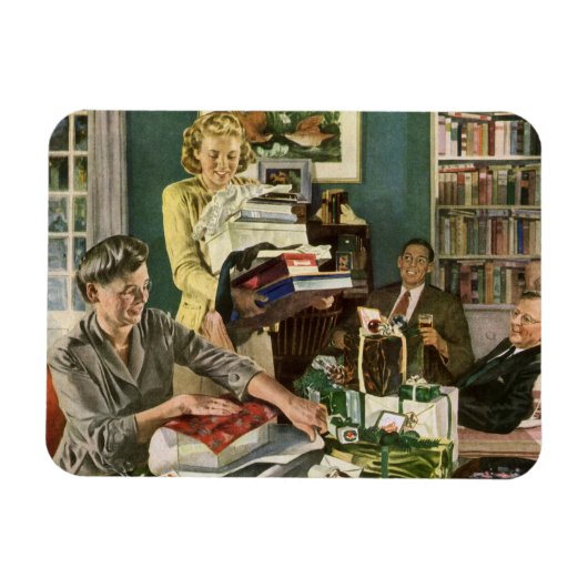 ヴィンテージクリスマス、幸せな家族がプレゼントをラッピング マグネット (横)