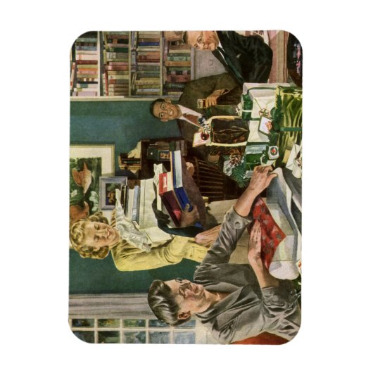 ヴィンテージクリスマス、幸せな家族がプレゼントをラッピング マグネット (縦)