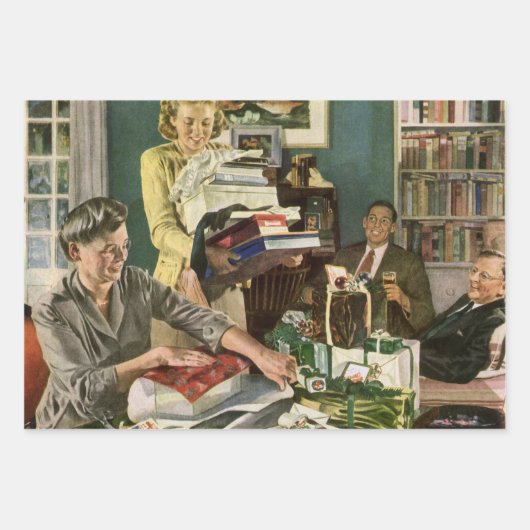 ヴィンテージクリスマス、幸せな家族がプレゼントをラッピング ラッピングペーパーシート (正面2)