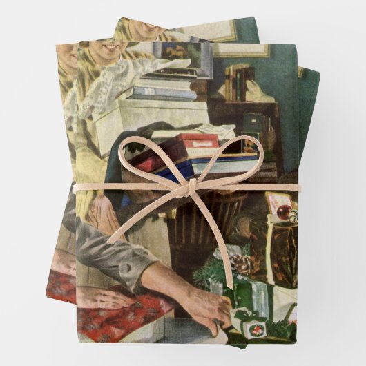 ヴィンテージクリスマス、幸せな家族がプレゼントをラッピング ラッピングペーパーシート (インサイチュ)